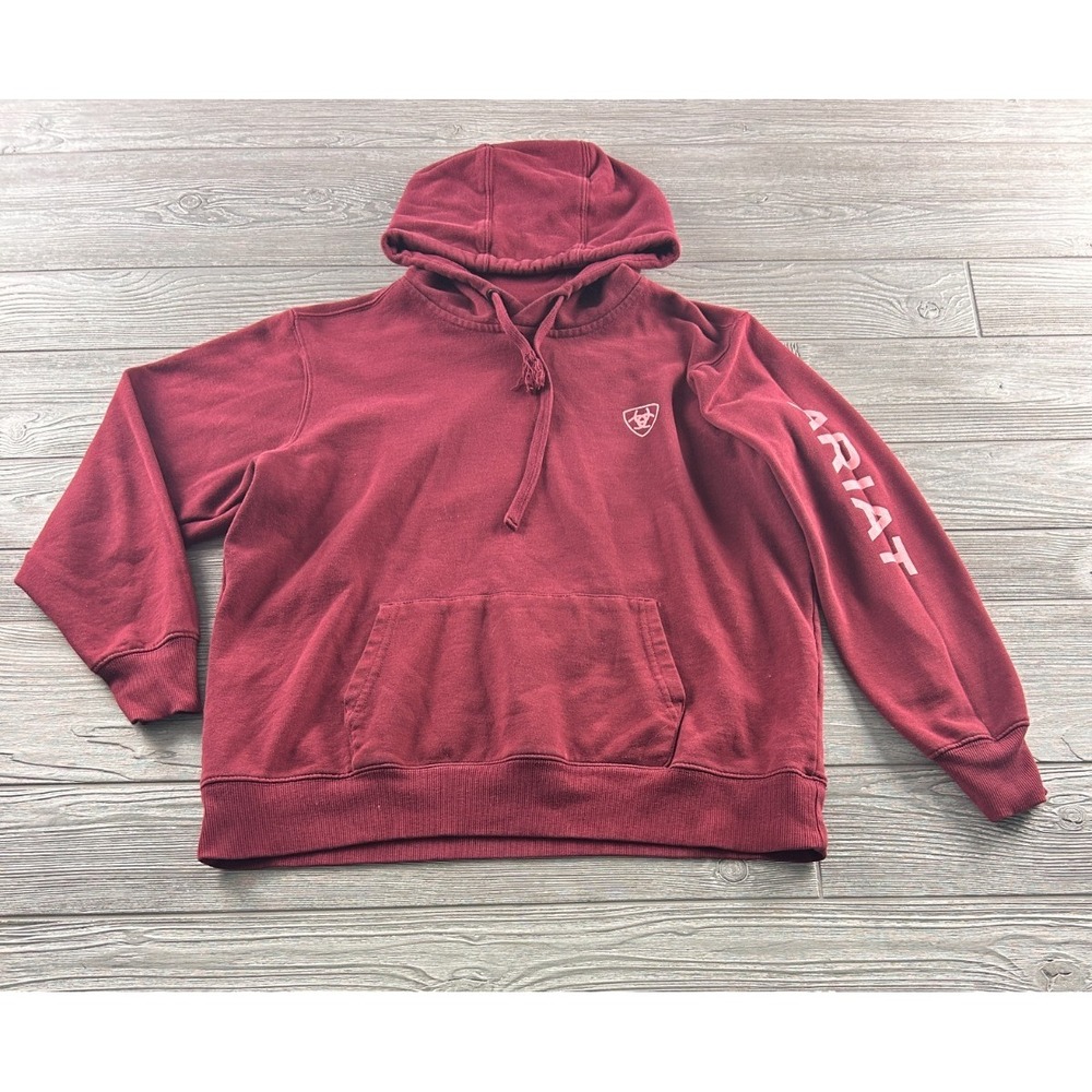 Ariat REAL Hoodie Sweatshirt Womens Large Maroon Fleece Logo Sleeve Pullover